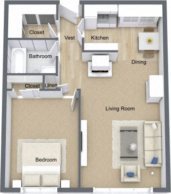 Floor plan for 1 bed, 1 bath, 650 sqft